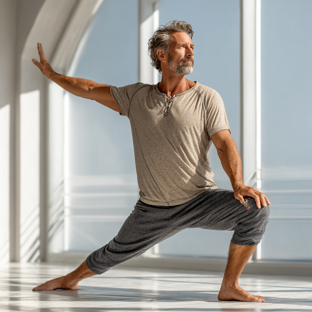 A peaceful male yoga instructor in his early 50s demonstrating a gentle yoga pose in a bright, airy studio space, wearing comfortable neutral-colored clothing, with natural light streaming through large windows