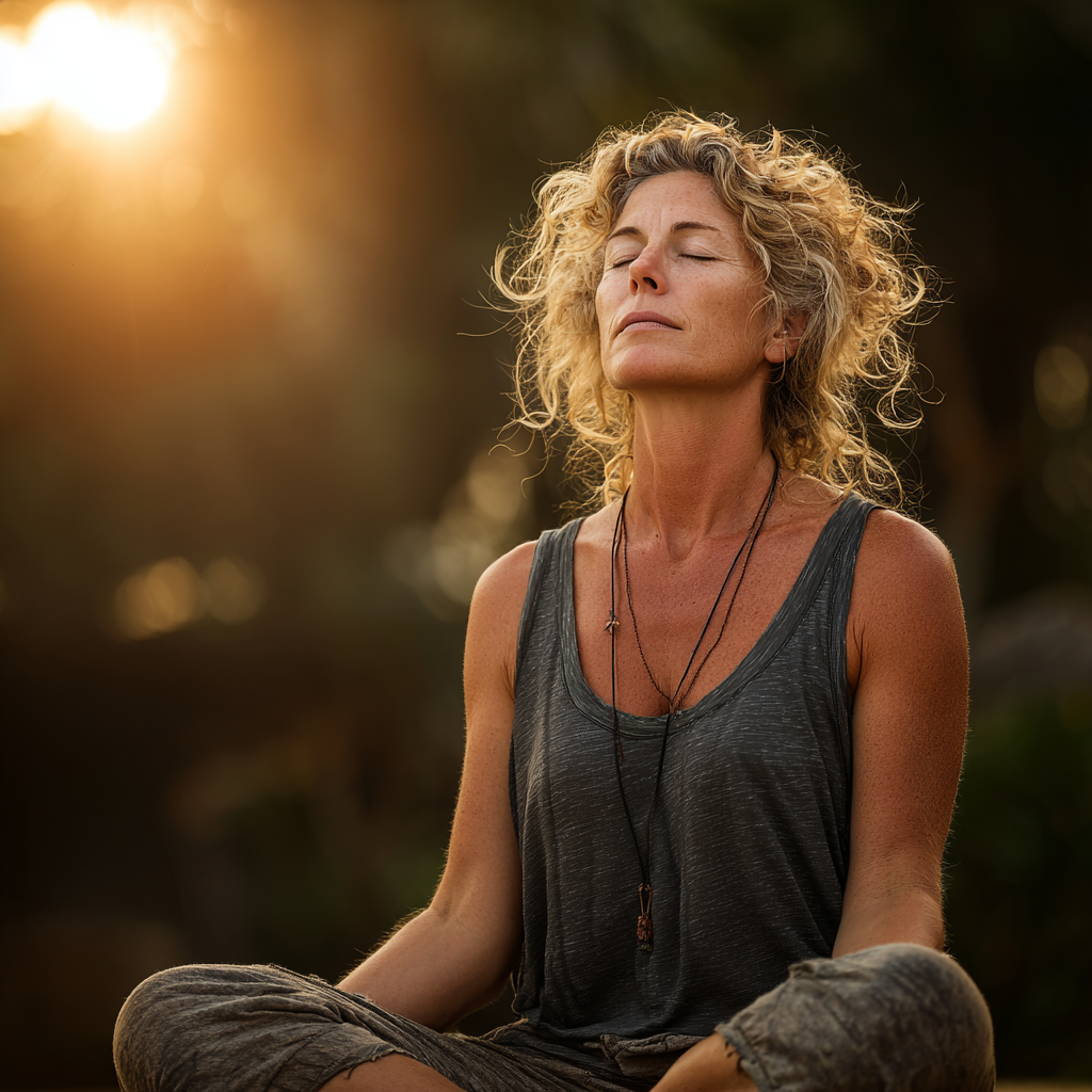 A serene woman in her late 40s practicing yoga in a peaceful outdoor setting, sitting in lotus position with her eyes closed, wearing comfortable workout clothes, surrounded by soft natural lighting